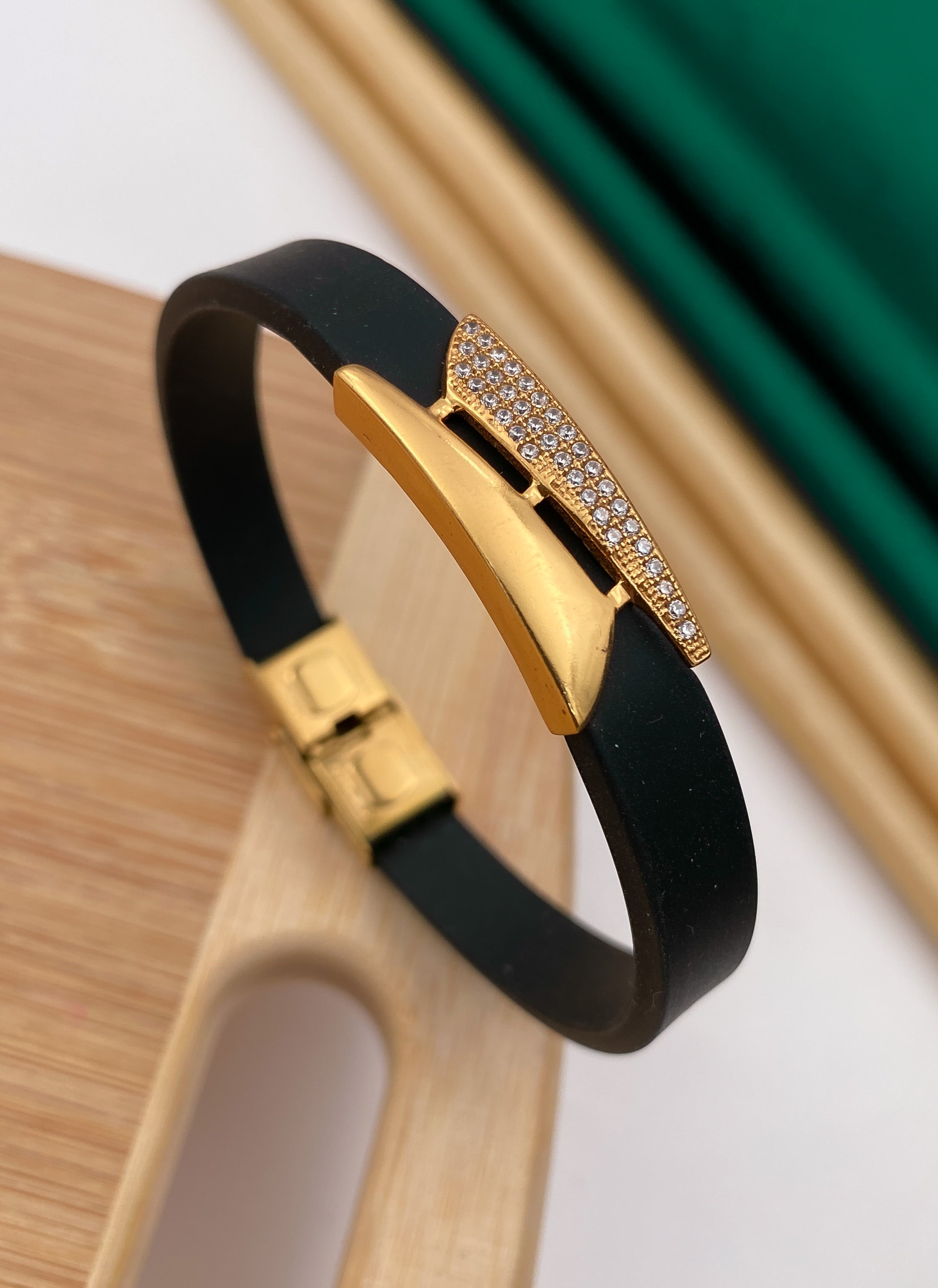 Cross gold plated diamonds in black silicone bracelet for men