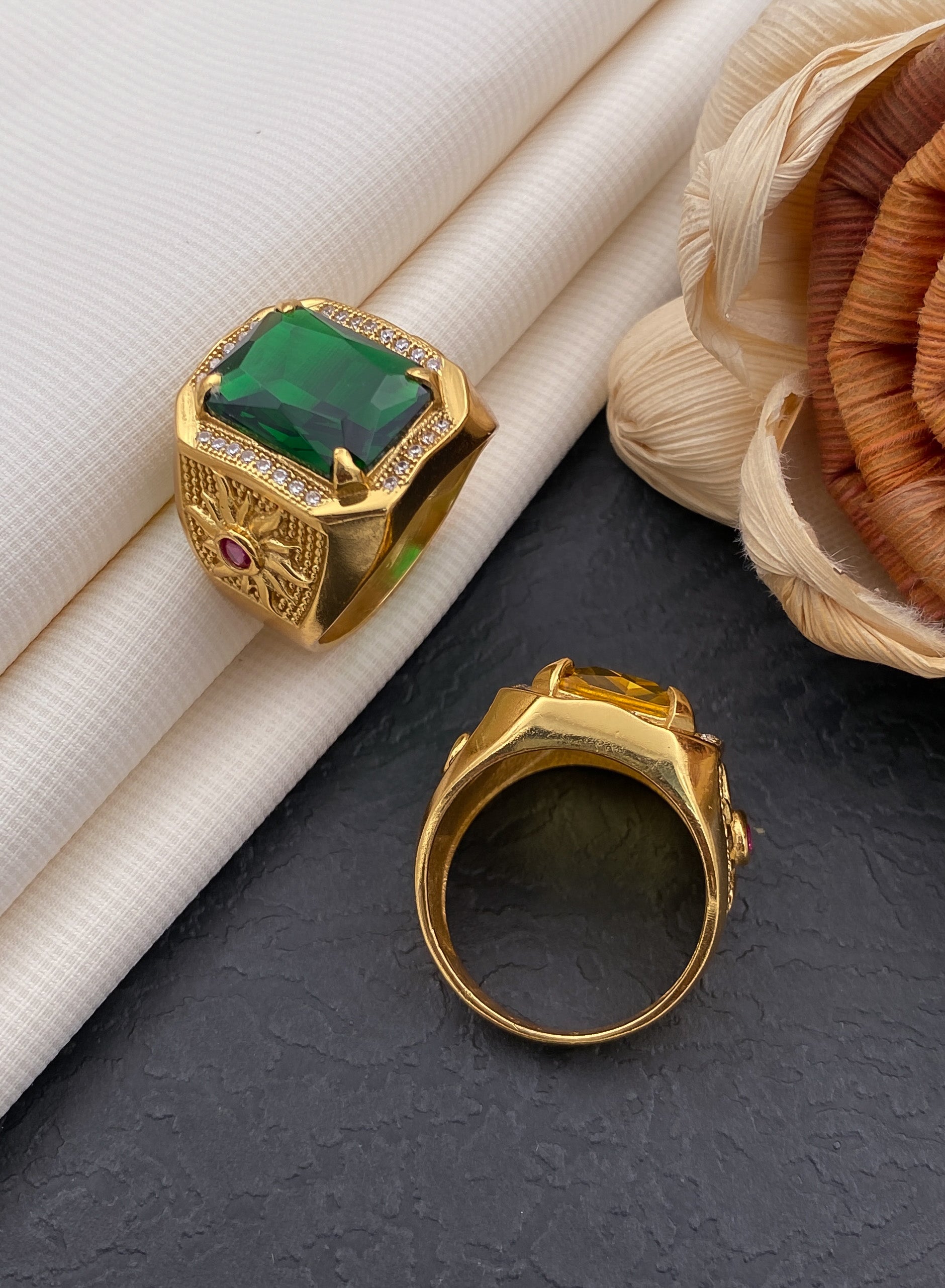 Sun green stone ring diamonds for men