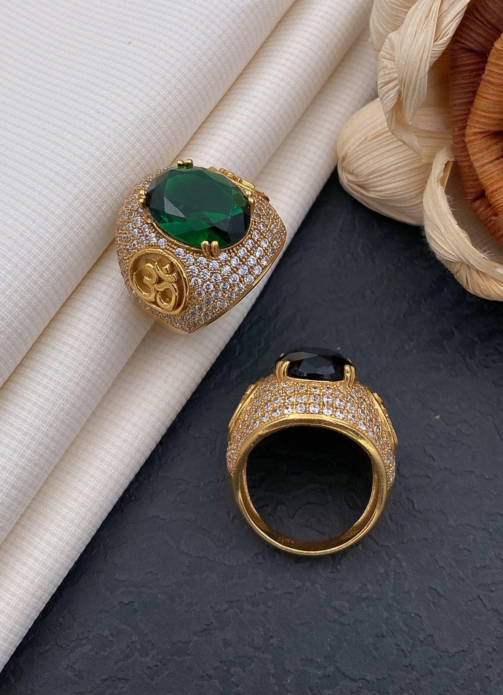 Om green stone ovel ring diamonds for men